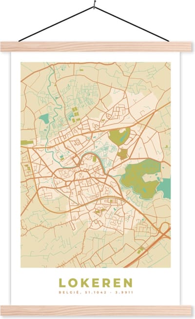 Posterhanger incl. Poster 40x60 cm - Schoolplaat - Vintage - Lokeren - Stadskaart - Plattegrond - Kaart - Textielposter - Blanke latten - Stadskaart