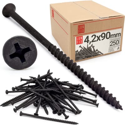 LUN FIX - Droogbouwschroeven 4,2 x 90 mm - 250 stuks - Grof draad - Gipskartonschroeven