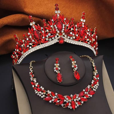 Tiares de Princesse Ensembles de Bijoux de Mariée pour Femmes Couronne Boucles d'Oreilles et Ensembles de Colliers Chokers Accessoires de Bijoux de Costume pour Fête de Mariage red