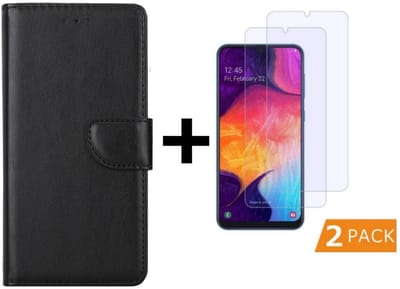 Hoesje Geschikt Voor Samsung Galaxy A50s/A30s Portemonnee hoesje - Zwart Met 2 stuks Glazen screenprotector