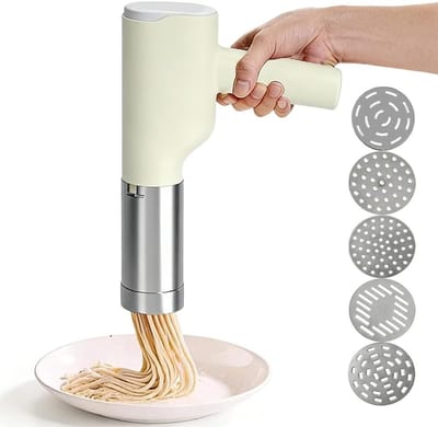 Draagbare elektrische pastamaker met 5 roestvrijstalen vormen en maatbekers, snel en eenvoudig pasta maken voor thuis, keuken en picknick