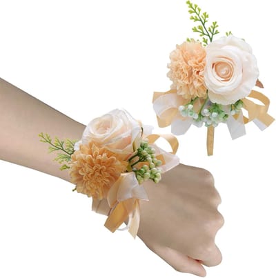 Bruiloft Corsage Set - Polsbloemen Knoopsgaten - Feestelijke Decoratie - Handgemaakt Kunstzijde - Universele Pasvorm - Champagne