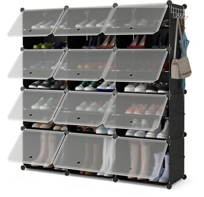 COSTWAY Schoenenrek met 12 vakken, schoenenkast van kunststof voor 48 paar schoenen en laarzen, doe-het-zelf schoenenorganizer met zijhaken, schoenenstandaard voor ingang, hal, zwart