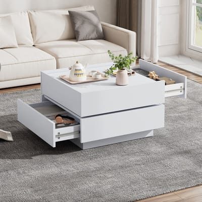 Woonkamer salontafel 60x60x38 cm - 360° draaibaar - met twee lagen trays en opbergruimte - bijzettafel - wit