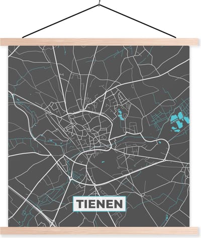 Posterhanger incl. Poster 40x40 cm - Schoolplaat - België – Tienen – Stadskaart – Kaart – Blauw – Plattegrond - Textielposter - Blanke latten - Stadskaart