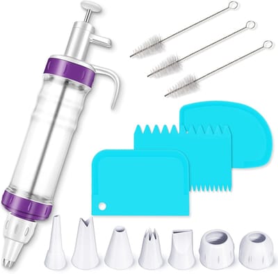 Professionele Slagroomspuit Set - Professionele 14-Delige Taart Decoratie Set - Garneerspuit met 5 Mondstukken - Slagroomspuit - Cake Versier Kit - Inclusief Schrappers & Reinigingsborstels - Cupcake Decoratie - Siliconen Schrappers - Paars/Wit