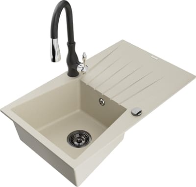 Mexen Cesar 1-komorige granieten spoelbak met afdruipplaat en Savita keukenkraan, beige - 6514-69-672601-70