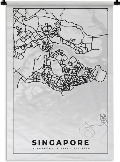 Wandkleed - Wanddoek - Singapore - Plattegrond - Kaart - Stadskaart - Zwart Wit - 120x180 cm - Wandtapijt