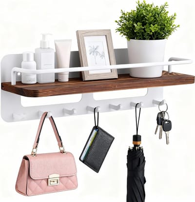 Houten Sleutelhanger met Plank, Decoratieve Sleutelhanger met 7 Haken voor Entree, Hal, Slaapkamer en Woonkamer Decoratie