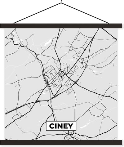 Posterhanger incl. Poster 60x60 cm - Schoolplaat - Kaart – Plattegrond – Stadskaart – Ciney – België – Zwart Wit - Textielposter - Zwarte latten - Stadskaart