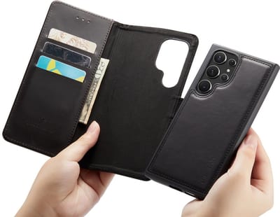 CaseMania Bookcase hoesje geschikt voor Samsung Galaxy S24 Ultra - Effen Zwart - Leer - 2-in-1 Magnetisch Uitneembaar Design