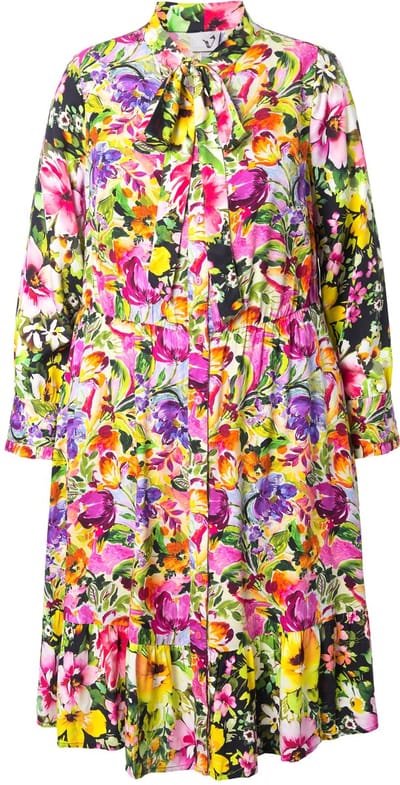 Ulla Popken - Dames - Midi-jurk motiefmix A-lijn V-hals lange mouwen - Zomerbes - Maat 42+