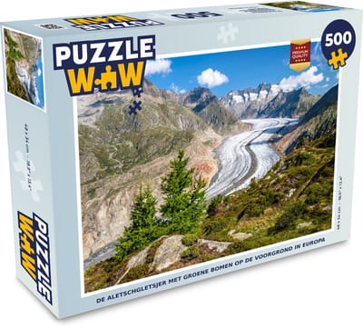 Puzzel De Aletschgletsjer met groene bomen op de voorgrond in Europa - Legpuzzel - Puzzel 500 stukjes