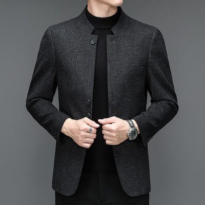 Nieuw Casual Pak met Opstaande Kraag Heren Jong en Middelbaar Trend Koreaanse Versie Slim-fit Elastisch Pak 3XL zwart