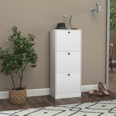 MEUNIQ Schoenenkast met 3 kleppen voor 12 paar schoenen, smalle schoenenkast met verstelbare vakken, 47 x 28 x 115 cm, wit, voor hal of entree
