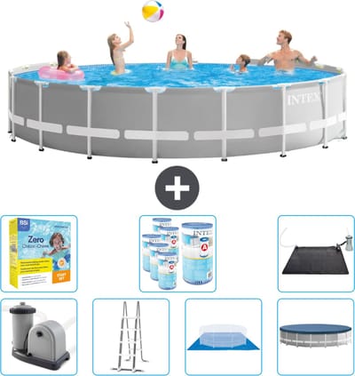 Intex Rond Prism Frame Zwembad - 548 x 122 cm - Grijs - Inclusief Pomp - Ladder - Grondzeil - Afdekzeil Onderhoudspakket - Filters - Solar Mat
