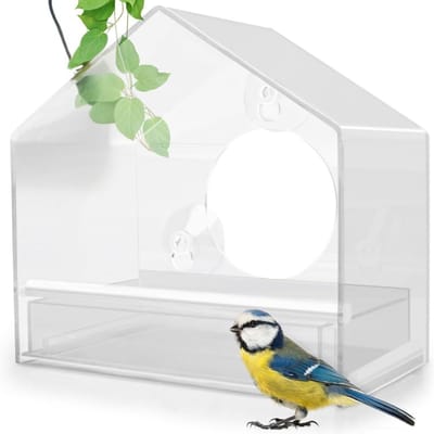Famanu – Voederhuis voor wilde vogels - transparant - met uitneembare voercassette - vogelhuis met zuignappen - voederdispenser