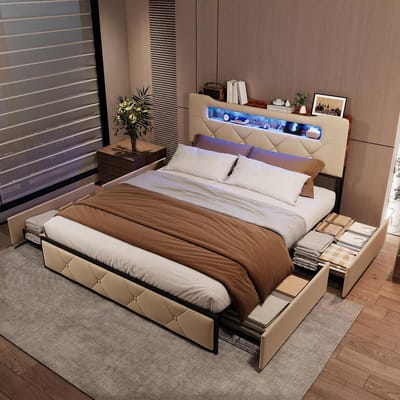 Tweepersoonsbed met Opbergruimte - Gestoffeerd Bed - Slaapkamer Organiseren - Geïntegreerde LED en USB - 160x200 cm - Beige