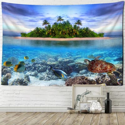 Eilandlandschap Schilderij Wandtapijt Muurhanger Schildpad Vis Esthetische Kamer Bohemien Natuur Kunst Mysterie Huisdecoratie 95x70cm blue