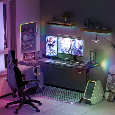 Eszenzics™ Modern Game Bureau - ruime L-vorm links - Zwart - 162x100x77cm - RGB-LED verlichting - USB-plug - Bekerhouder - Haak voor koptelefoon