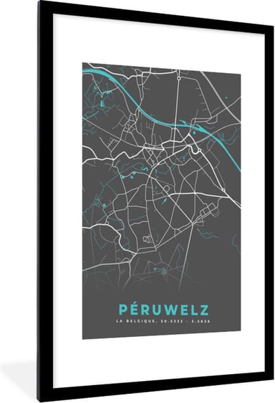 Fotolijst incl. Poster - Stadskaart – Grijs - Kaart – Péruwelz – België – Plattegrond - 60x90 cm - Posterlijst