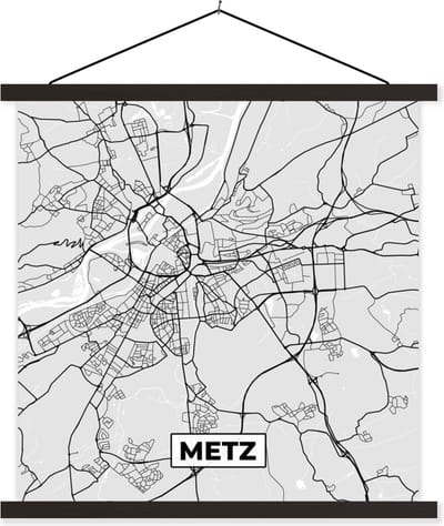 Posterhanger incl. Poster 60x60 cm - Schoolplaat - Plattegrond - Metz - Stadskaart - Kaart - Frankrijk - Textielposter - Zwarte latten - Stadskaart