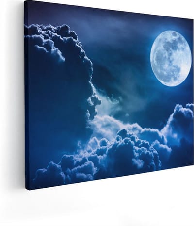 Artaza Canvas Schilderij Volle Maan - 50x40 cm - Wanddecoratie Sterrenhemel - Schilderijen Op Canvas Natuur - Kamer Accessoires Blauw
