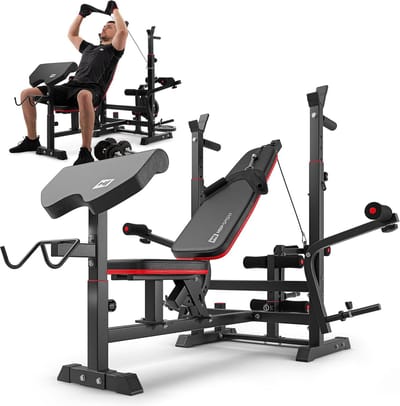 Hop-Sport multifunctionele halterbank HS-1075 krachtstation - Verstelbare trainingsbank, fitnessstation met halterhouder, vlinder, kabelblok, arm- en beencurler, ideaal voor thuisfitness