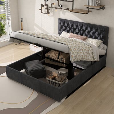 REDOM Gestoffeerd bedframe 140x200 cm – Hoog hoofdbord met klinknagels – Incl. lattenbodem – Grijs