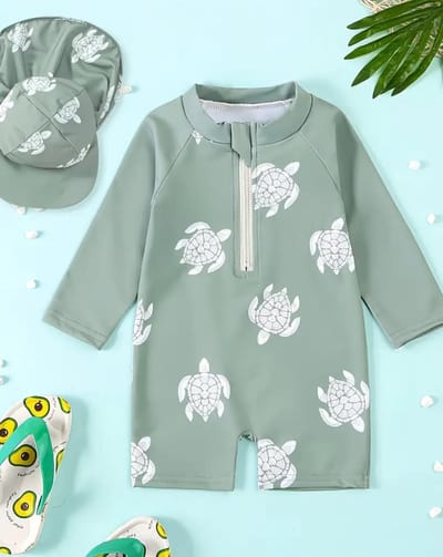 Zwempak UV baby - UV zwempak baby 1 jaar - Zwemset UV - Zwempak lange mouwen - Zwemonesie - Schildpadjes print - Zwempak - Badpak - Maat 80 - Zwempak met zonnehoedje - Zwemset UV peuter