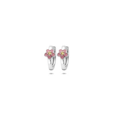 Zilveren gerhodineerde klapoorringen emaille bloem zirkonia 12 mm - 1341233