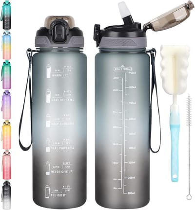 Famanu - Drinkfles, sportfles, vaatwasmachinebestendig, lekvrije rietjesfles met tijdmarkering, niet giftig, voor hardlopen, fietsen, fitnessstudio, school, bureau, 1 Liter, Grijs kleurverloop