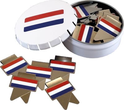 Paperclips Nederlandse vlag | 25 paperclips in een metaal blikje