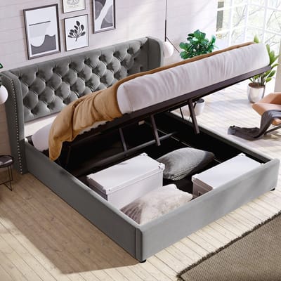 KOMHTOM Tweepersoonsbed 140x200 cm Hydraulisch bed met lattenbodem en opbergruimte Bed voor volwassenen in vlekbestendig zwart fluweel Grijs
