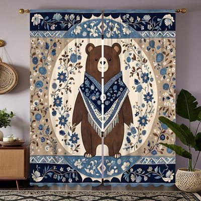 2 stuks HD nationale wind bloemen beer decoratief gordijn Blauw digitaal bedrukt gordijn huisdecoratie stijl decoratie woonkamer W52H63inchW132H160cm white