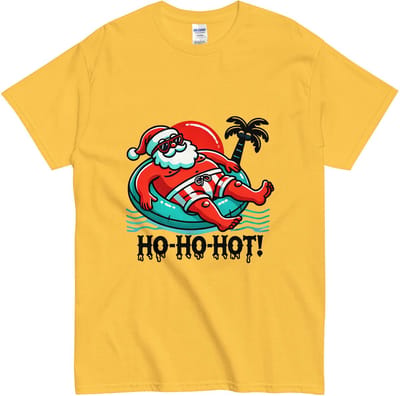 Vakantie T Shirt met Grappige Zomer Santa - Dames en Heren - Katoen - Geel - S