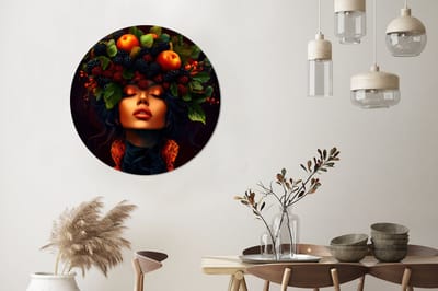 WallCircle - Wandcirkel - Muurcirkel - Vrouw - Zwart - Bessen - Bramen - Appels - Aluminium - Dibond - 90x90 cm - Binnen en Buiten