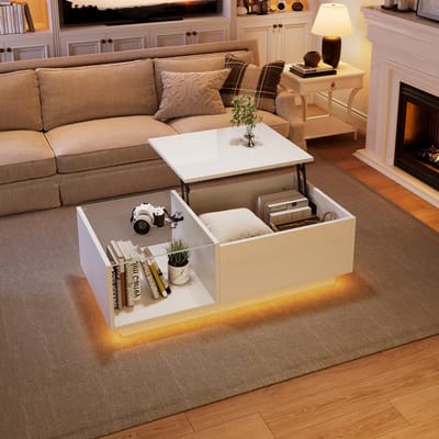 DESMIU Salontafel - Verstelbare Hoogglans Tafel Met Ledverlichting En Verborgen Opbergruimte - Voor Woonkamer En Werken - Spaanplaat - Wit - 100 x 50 x 33 Cm