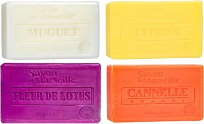 Set Marseille zeep 4 x 100 gram in geuren lelietjes van dalen-citroen-lotusbloem-kaneel