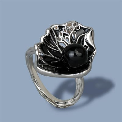 Bague pour femme de style rétro ancien, design unique en forme de feuille de lotus incrustée de colle d'agate, style chinois, confectionnée à la main No. 10 black