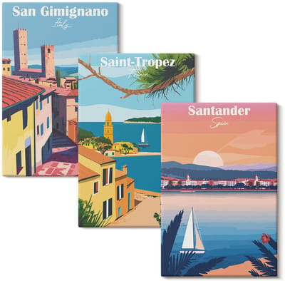 Wallfluent Set van canvas schilderijen - Italiaanse steden en retro kustlandschappen Canvas Schilderijen Set - set 3 stuks 20x30 cm - Veelkleurig Set van Canvas Prints - Steden Canvas Kunst Set - Boheemse Canvas Kunst Set