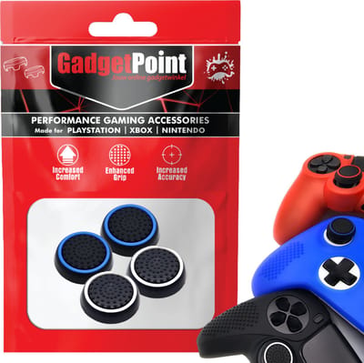 Gadgetpoint - Thumb Grips voor PlayStation, PS5, Xbox X/S, One & Switch Pro Controller - Gaming Thumbgrips - Performance Anti-Slip Thumbsticks - Bescherming Accessoires - Zwart Lichtblauw en Zwart Wit