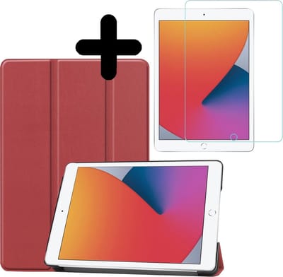 Hoesje - Geschikt voor Apple iPad 8 (2020) - 10.2 inch - 8e Generatie - Met Screenprotector - Hardcover Book Case - Trifold Bookcase Hoes - Hard Cover - Tablethoes - Donkerrood