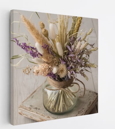Saammp Canvas Schilderij - Gekleurde bloemen in glazen vaas - Natuur - 20x20 - Foto op canvas - Wanddecoratie - Muurdecoratie Woonkamer - Kantoor Decoratie