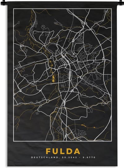 Wandkleed - Wanddoek - Fulda – Stadskaart – Gold – Plattegrond – Stadskaart – Kaart - Duitsland - 120x180 cm - Wandtapijt