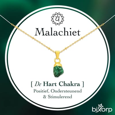 Bixorp Malachiet Chakra Ketting - Goud Vergulden Roestvrij Staal - Ruwe Edelsteen Hanger - 36cm + 8cm verstelbaar