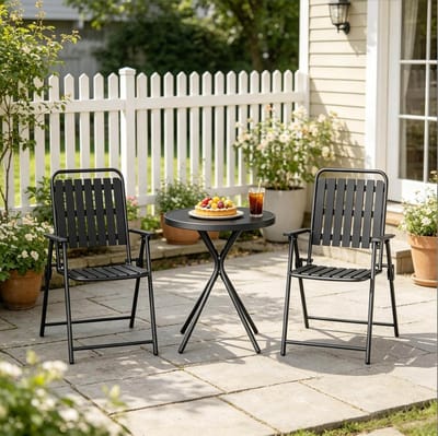 Bistroset - 3-Delige Tuinset Met Ronde Glazen Tafel En 2 Klapstoelen - Voor Balkon, Tuin En Terras - Metaal Zwart