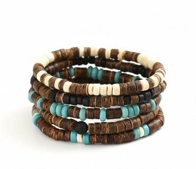 5-delige armbanden set voor heren en dames – houten schijfkralen in bruin, turquoise en crème – elastisch – unisex sieradenaccessoire