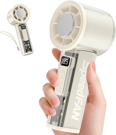 Draagbare handheld turboventilator - In 5 snelheden instelbare windsnelheid - Opladen via USB-C - Met digitaal LED-display en zaklamp met 4 modi - Lichtgewicht en draagbaar - Geschikt voor reizen/kamperen/binnengebruik, wit