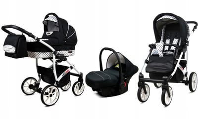 BabyLux® Kinderwagen 3in1 – LARGO - BLACK DOTS WHITE FRAME - Opklapbare Wandelwagen incl. Reiswieg, Multifunctionele Buggy Sportstoel, Autostoel - Combi-kinderwagen met Luiertas, Regenhoes, Klamboe, Bekerhouder, etc.